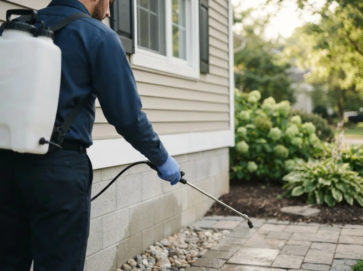 Pest control technician inspecting a home in East Longmeadow, MA